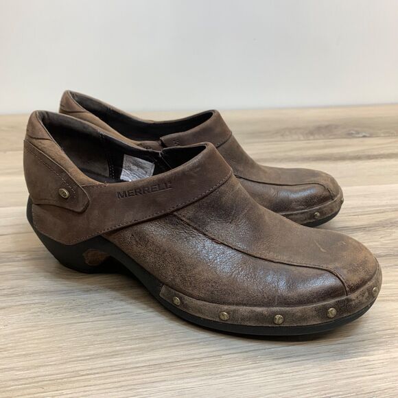 Merrell Shoes Womens 8.5 Luxe Espresso Studded Slip On Wedge Mule Clogs Leather - Picture 1 of 9